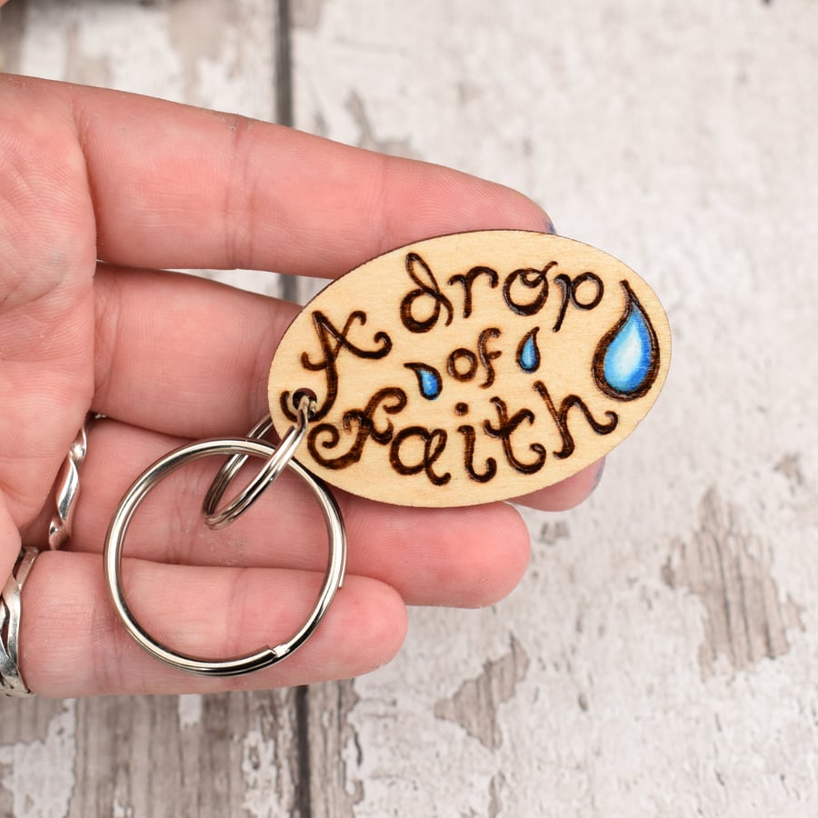 A drop of Faith. Pyrography personalised keyring. 