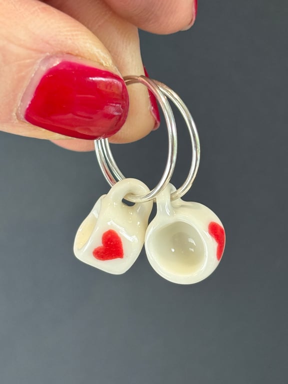 Sterling Silver Endless Hoop Earrings with Handmade Glazed Porcelain Heart Cups