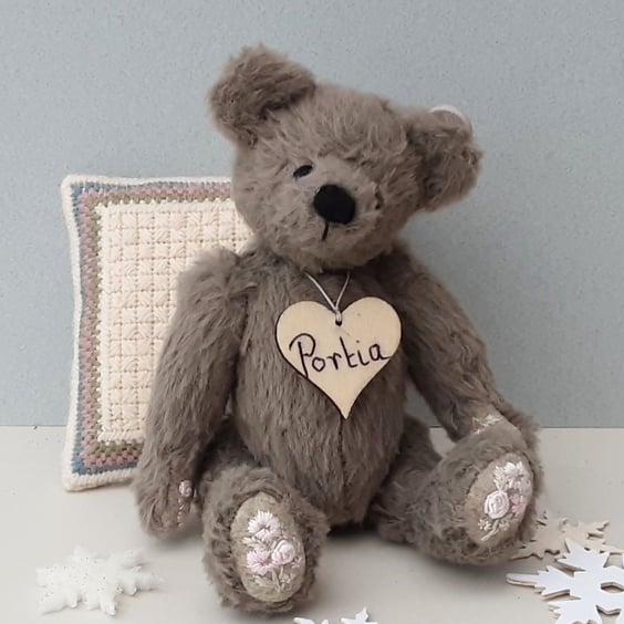 OOAK artist bear & cushion, mini collectable teddy bear & needlepoint cushion 