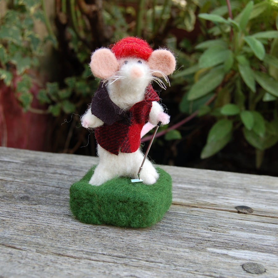 Golfing mouse    - needlefelt wool textile art.  