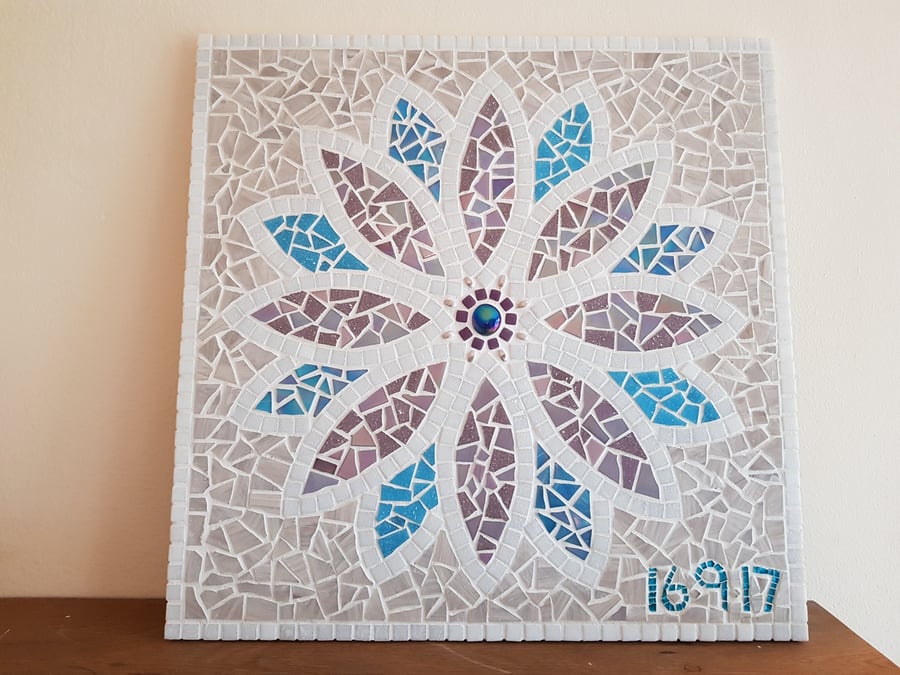 Mosaic Wall Art - Personalised Wedding Gift - Mosaic Flower Purple & Blue