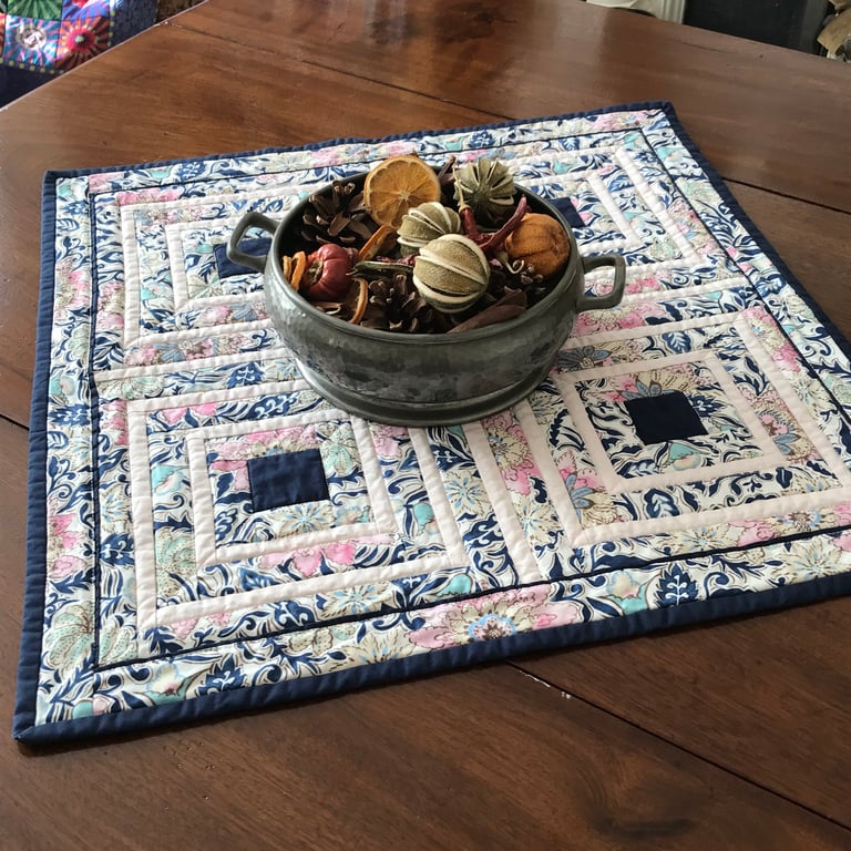 Genesha Garden quilted textile table topper pink white navy