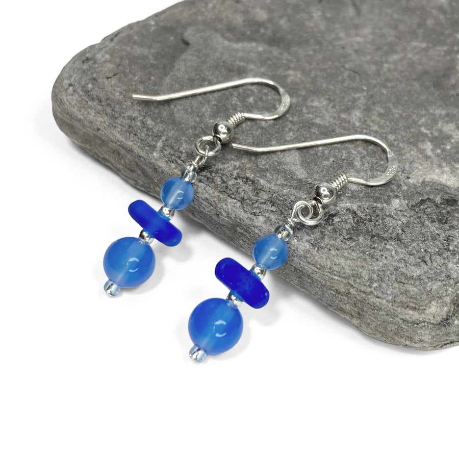 Blue Glass Earrings. Blue Onyx Crystal Dangly Earrings - Sterling Silver