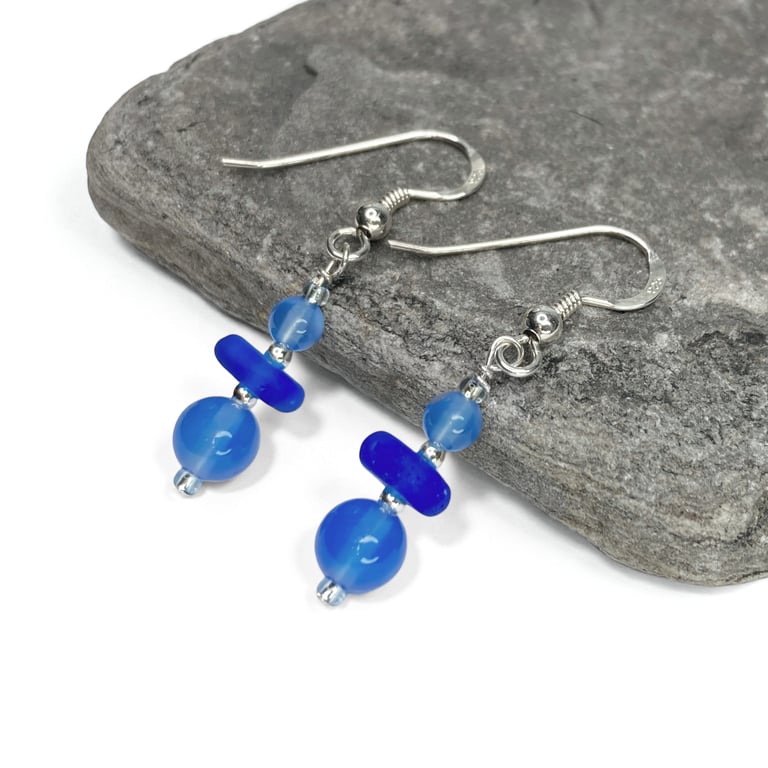 Blue Glass Earrings. Blue Onyx Crystal Dangly Earrings - Sterling Silver