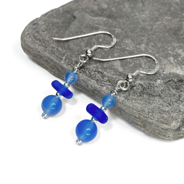Blue Glass Earrings. Blue Onyx Crystal Dangly Earrings - Sterling Silver