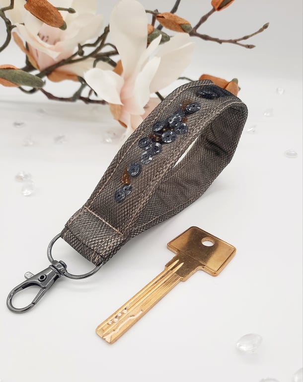 Black tulle keyfob, wristlet with beads and sequins.  