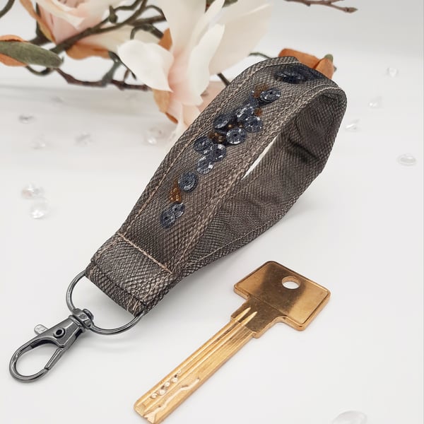 Black tulle keyfob, wristlet with beads and sequins.  