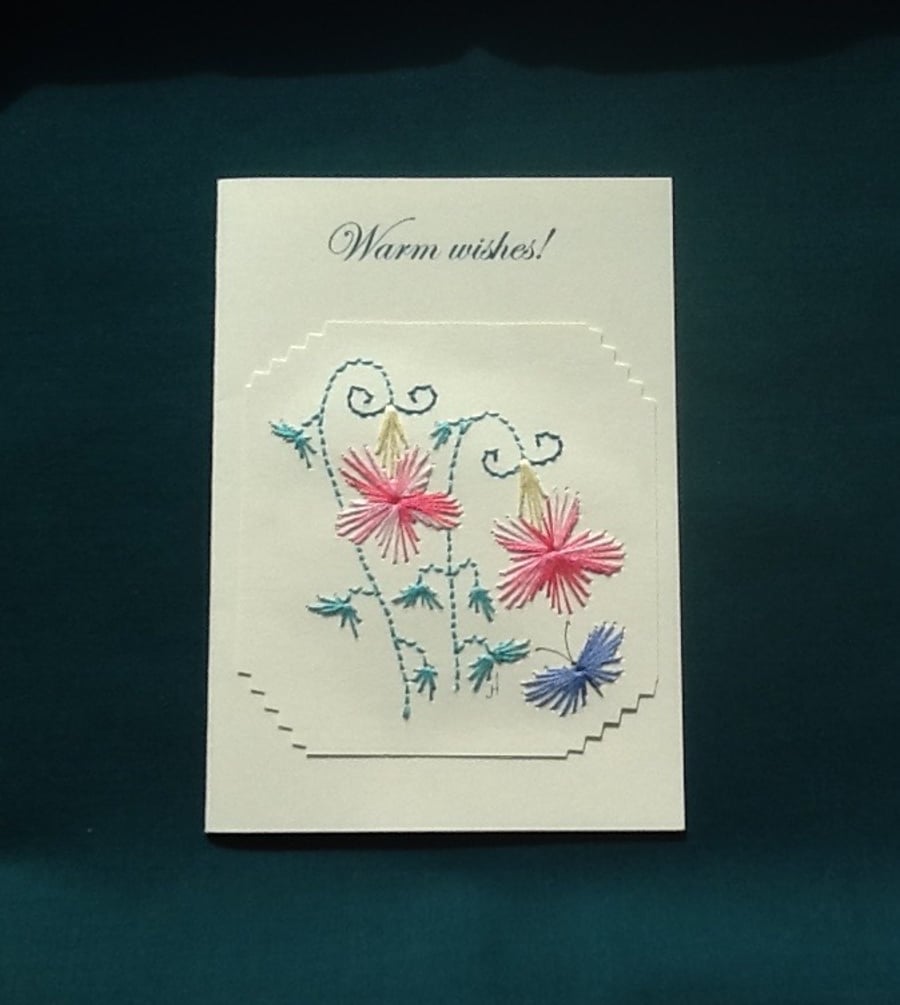 Warm wishes,Hand embroidered card,Flowers and butterfly Embroidery, R 26