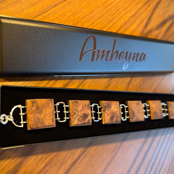 Unique - Hand Made In UK - Rustic Amboyna Wood & Sterling Silver Bracelet