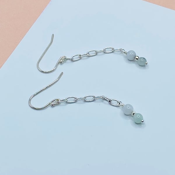 Sterling silver paperclip chain earrings with green jadeite