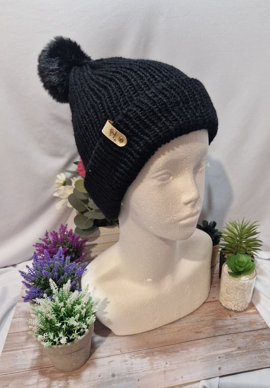 Knitted Pompom hat,  child or teen black