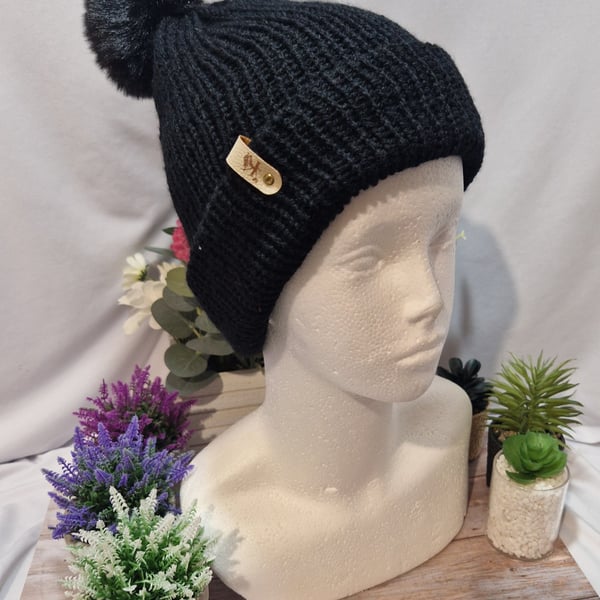 Knitted Pompom hat,  child or teen black