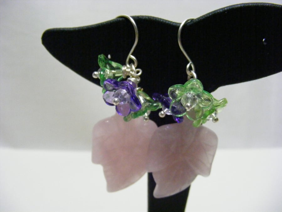 Rose Quartz Gemstone Leaves and Lucite Flower Earrings