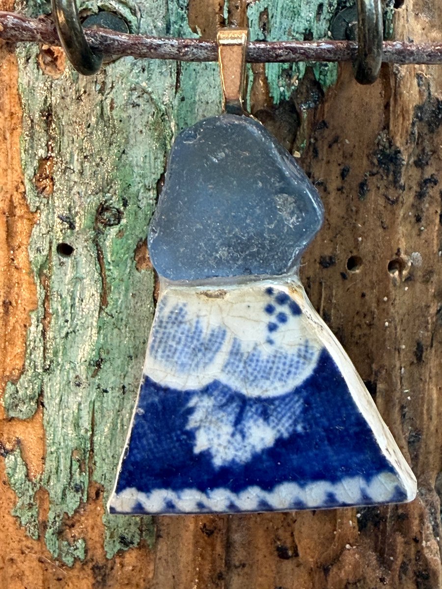 Sea glass and sea pottery blue pendant 