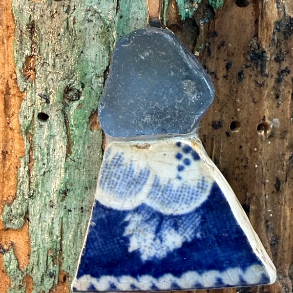 Sea glass and sea pottery blue pendant 