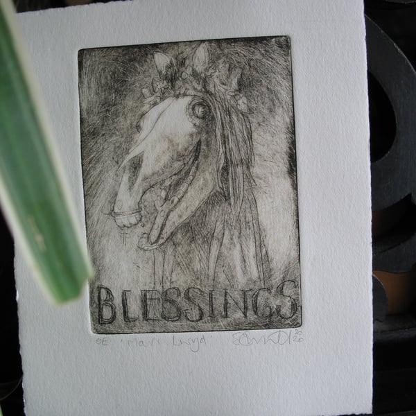 Mari Lwyd original drypoint etching 