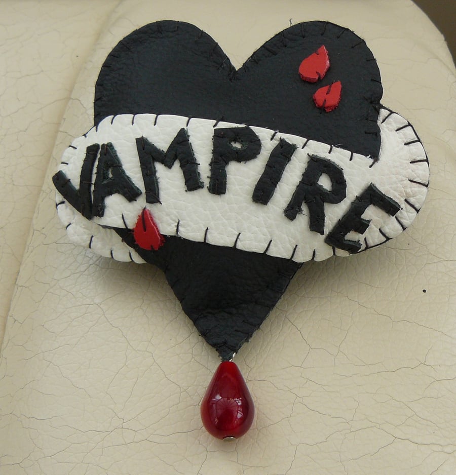 Hand Stitched Leather Tattoo Style vampire Heart Brooch - Alternative Valentine