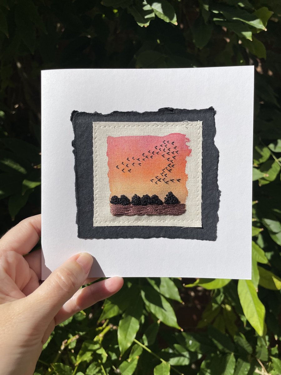 Birds at sunset embroidered card