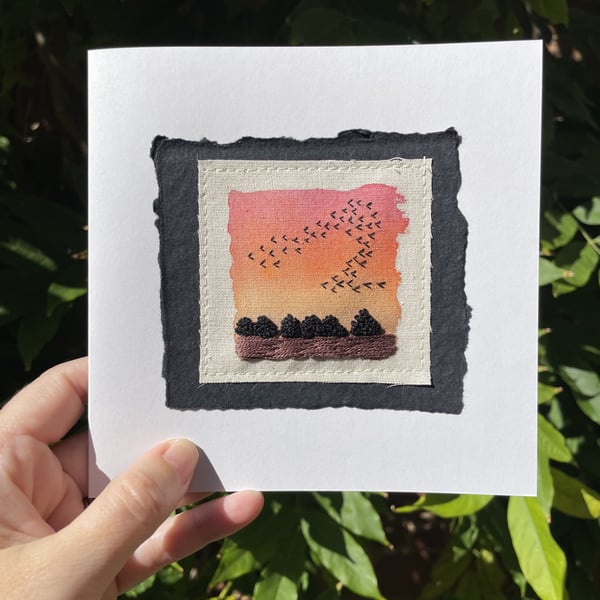 Birds at sunset embroidered card