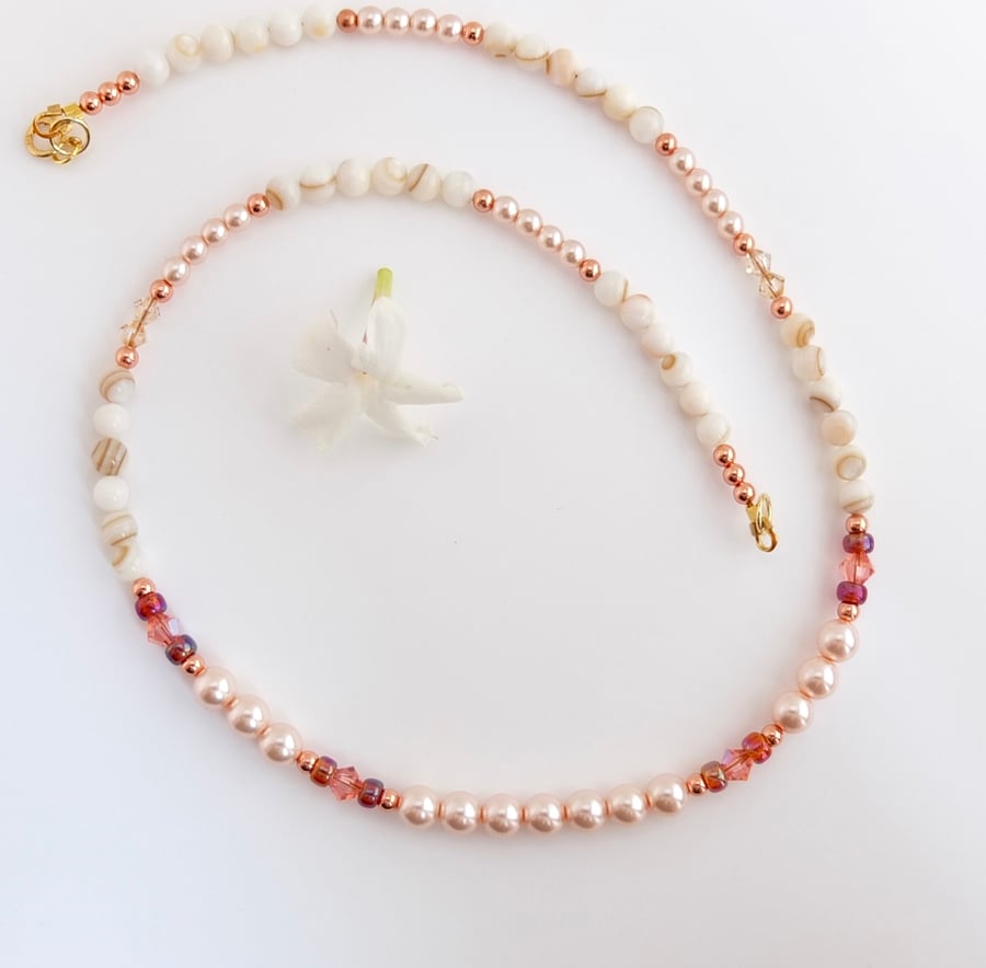 Pale Pink Glass Pearl and Cream Shell Bead Necklace with Swarovski Crystals.