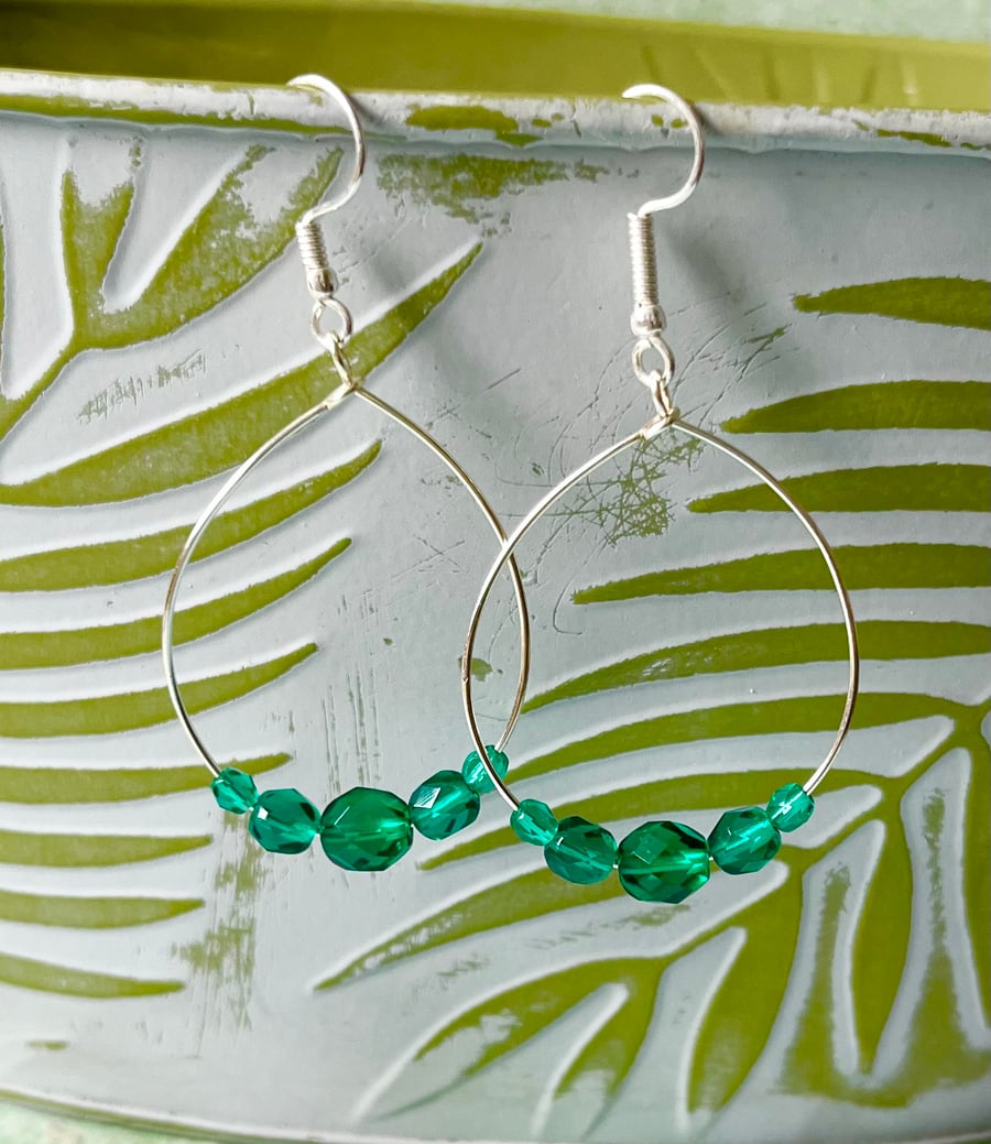 Large Oval Hoop Earrings - Teal Faceted Glass - 40mm - Sliver 