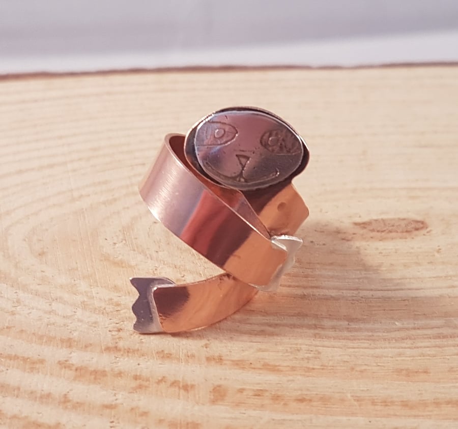 Sterling Silver and Copper Etched Sloth Adjustable Ring