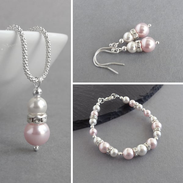 Blush Pink Pearl and Crystal Jewellery Set - Light Pale Wedding Jewellery Set