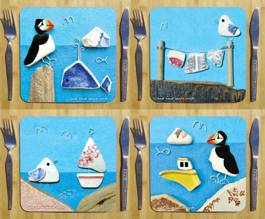 4 x Seaside Placemats - Pebble Coastal Beach Art, Seagull, Puffin, Boats