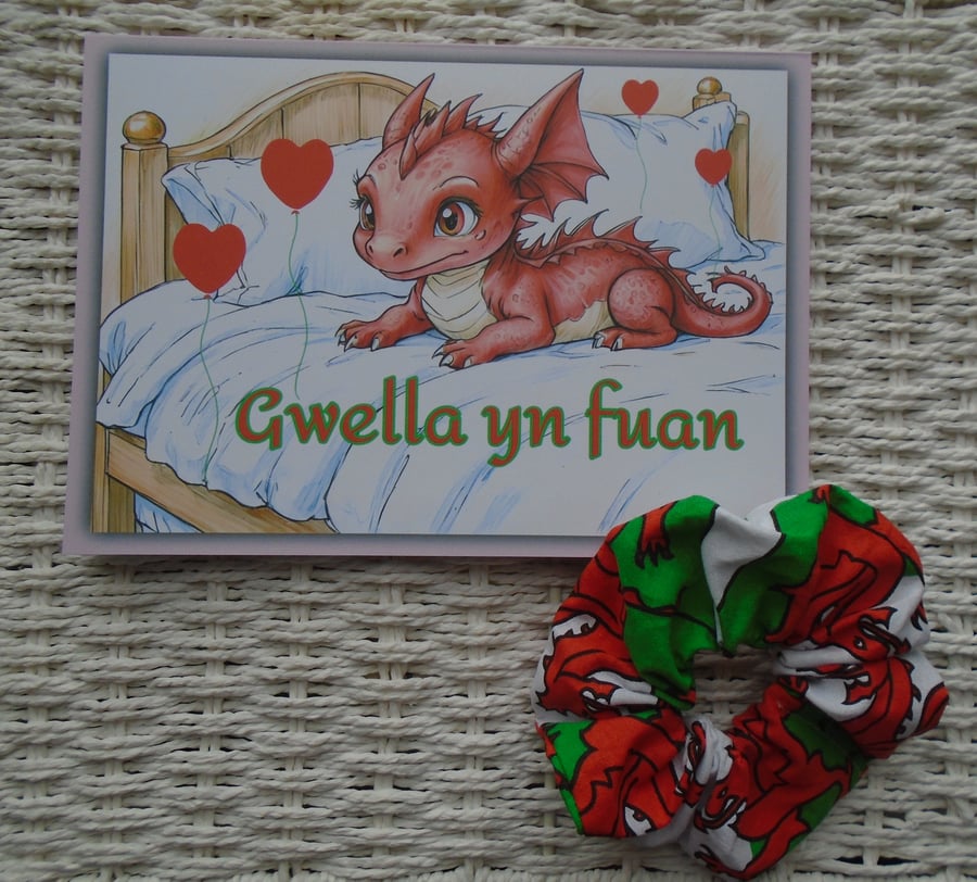 Get Well In Welsh Greeting Card & Hair Scrunchie 