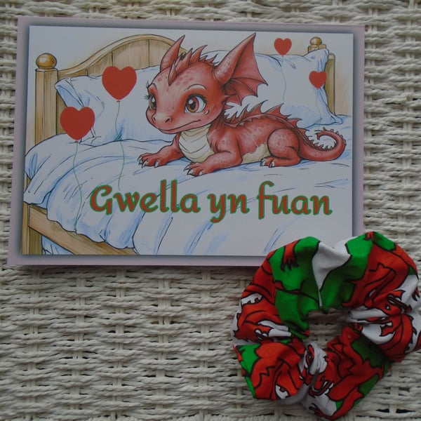 Get Well In Welsh Greeting Card & Hair Scrunchie 