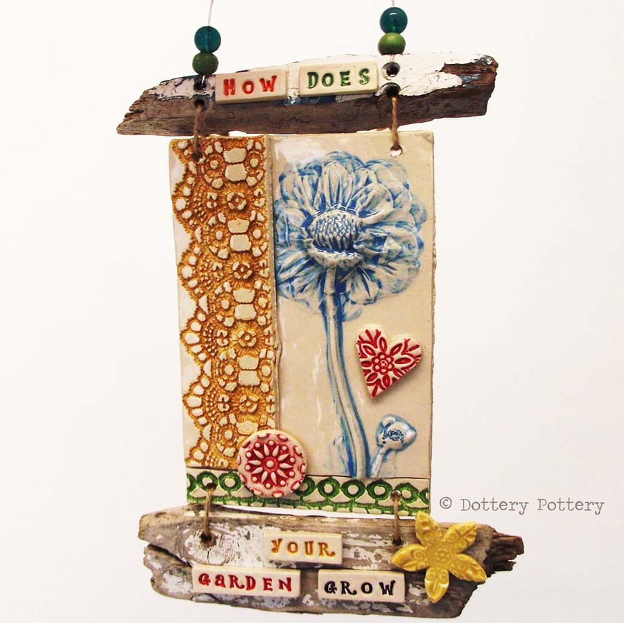 Ceramic wall plaque Garden scene pottery flowers lace how does your garden grow?
