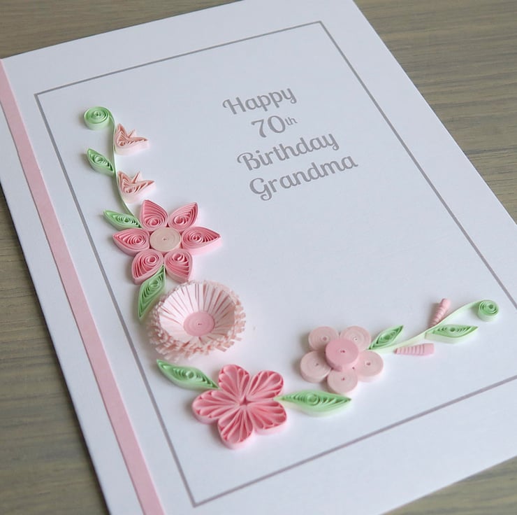 Handmade 70th birthday card with pink quilled f... - Folksy
