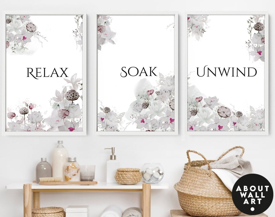 Spa Bathroom Art, Botanical Bathroom, Plant Print Set of 3, Bohemian Decor, Rela
