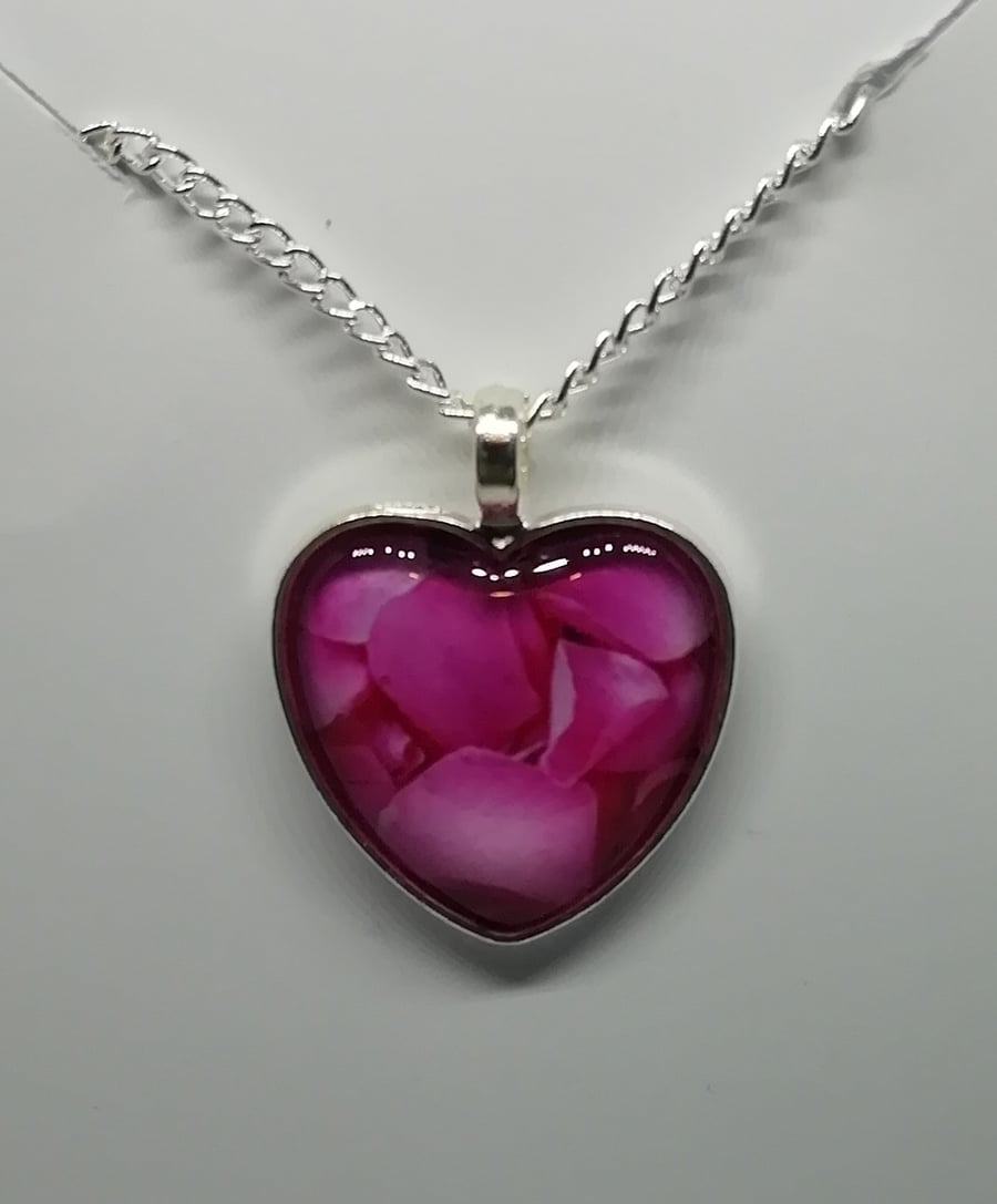 Heart shaped silver rose petals pendant 