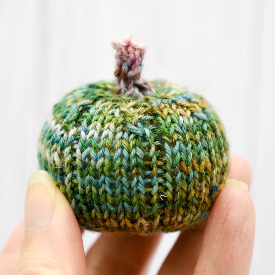 Hand knitted mini pumpkin pin cushion variegated green blue