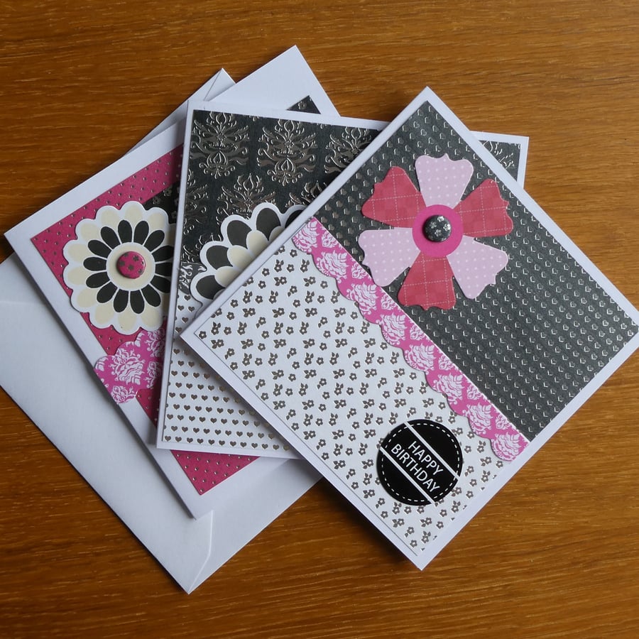 Pack of  3 Ditsy Print Birthday Cards - Pink, Black & Silver