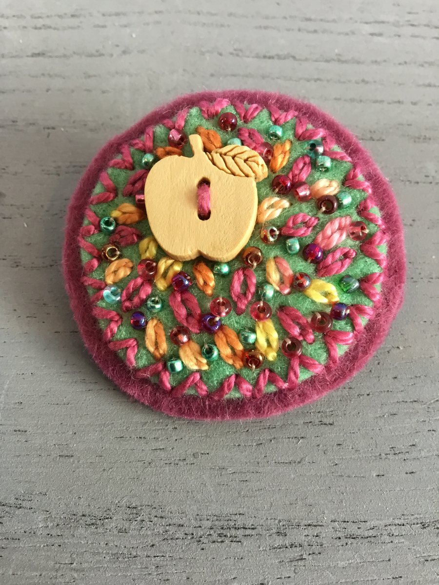 Hand Embroidered Apple Brooch 