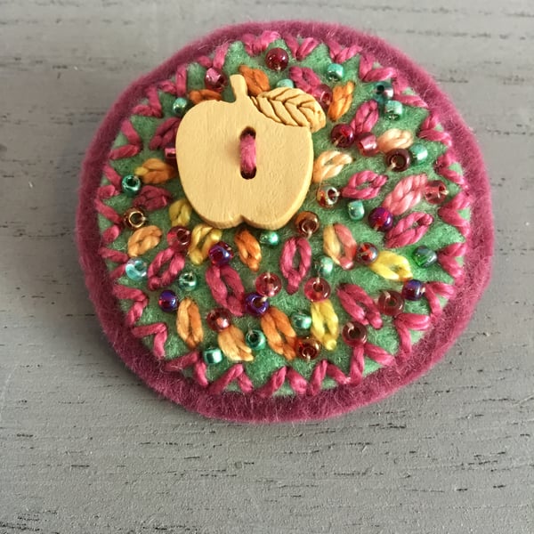 Hand Embroidered Apple Brooch 