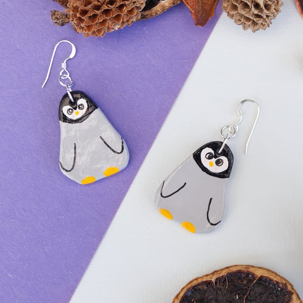 Cute Baby Penguin Dangly Clay Earrings