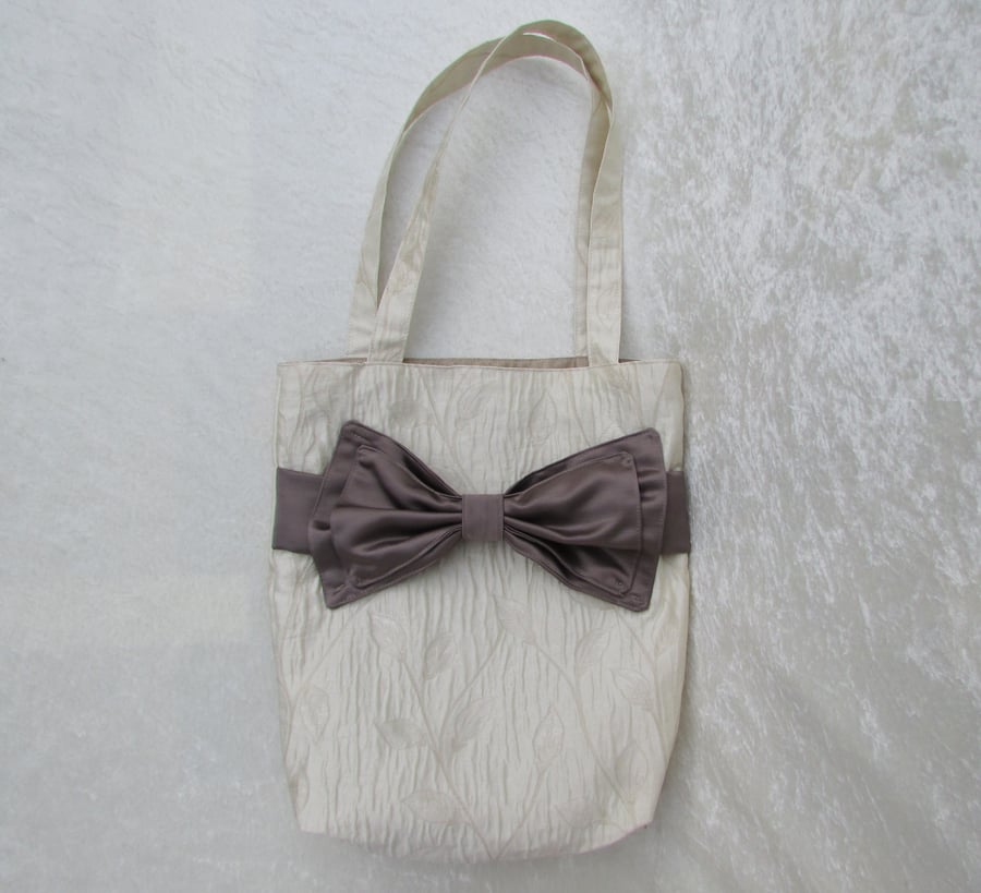 Cream tote bag handbag with brown satin bow