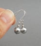 Simple Silver Grey Glass Pearl Drop Earrings - Round Light Grey Dangle Earrings  - Image 2