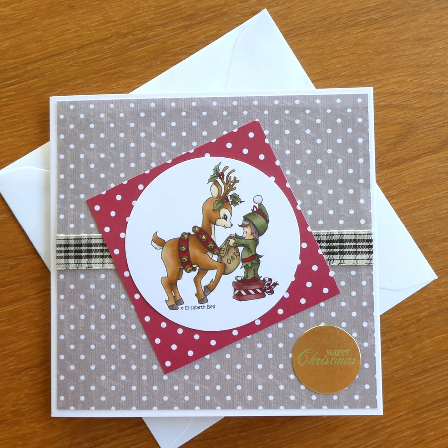 Reindeer with Elf Christmas Card - Happy Christmas