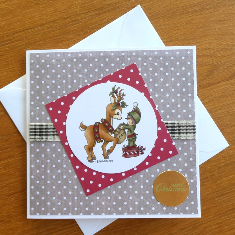 Reindeer with Elf Christmas Card - Happy Christmas