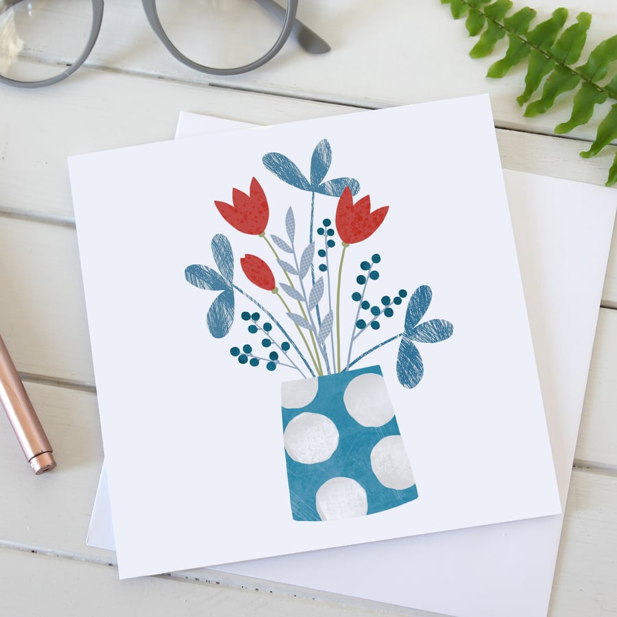 Blue Spot Vase Greetings Card
