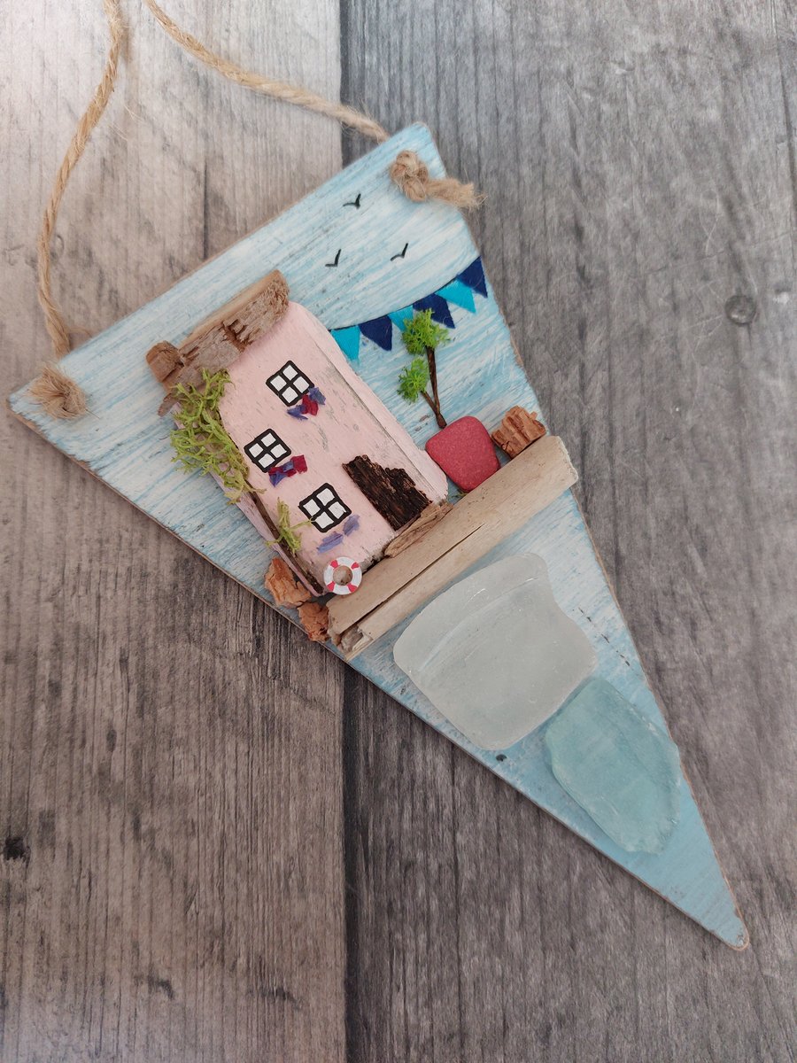 Hand Painted Driftwood House, Wooden Hanging Decoration, Sea Glass