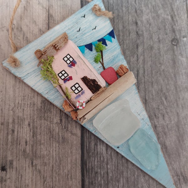 Hand Painted Driftwood House, Wooden Hanging Decoration, Sea Glass