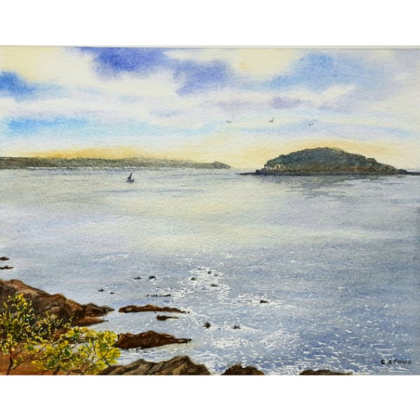 Early morning at Looe Island, Cornwall. Original watercolour painting. 