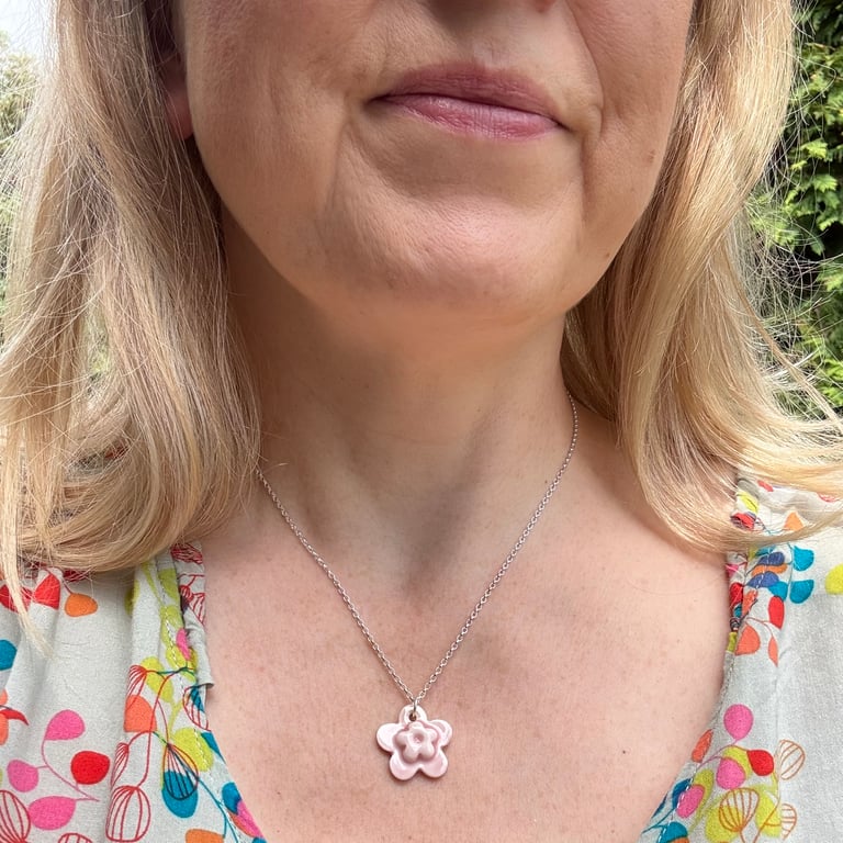 Pink Glazed Porcelain Flower Charm on Sterling Silver Belcher Chain