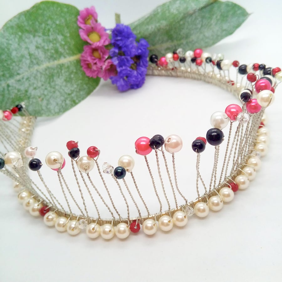 Multi Coloured Pearl and Crystal Tiara, Girl's Prom Night Accessories, Headdress