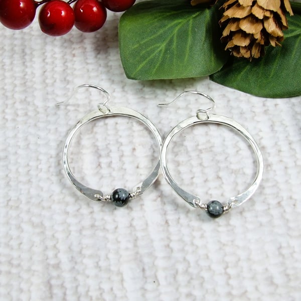 Earrings, Sterling Silver Hoops with Snowflake Obsidian Gemstones